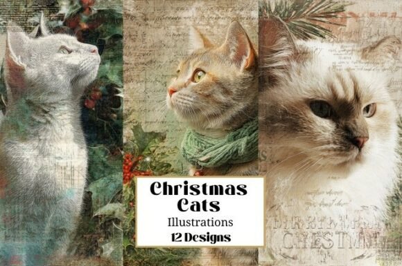 12 Christmas Cat Cats Illustrations