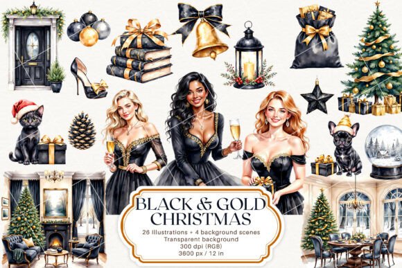 Black and Gold Christmas, Glam Holiday Illustrations