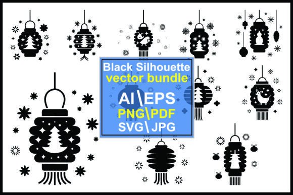 Black Christmas Lanterns and Snowflakes Illustrations for Digital Sellers