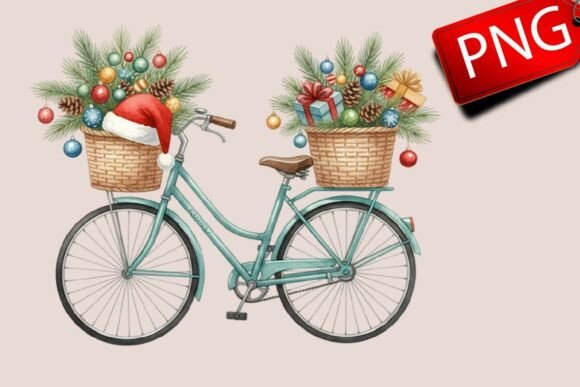 Christmas Bicycle Watercolor Clipart for Illustrations and Editorial Use