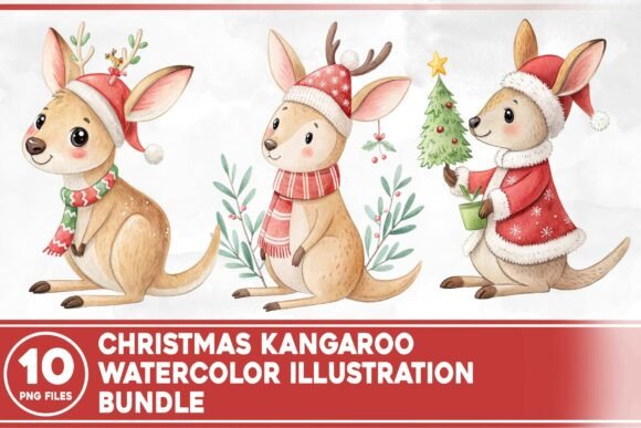 Christmas Kangaroo Watercolor Bundle Illustrations