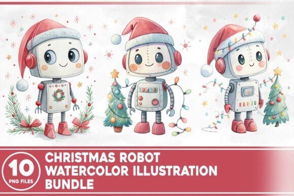 Christmas Robot Watercolor Bundle: A Seasonal Illustration Asset for Content Creators