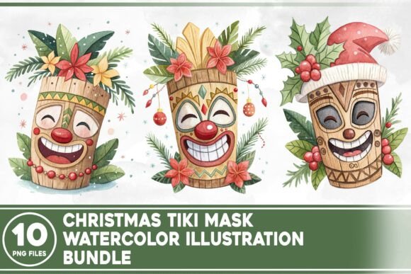 Christmas Tiki Mask Watercolor Bundle: A Festive Illustration for Local Business Branding