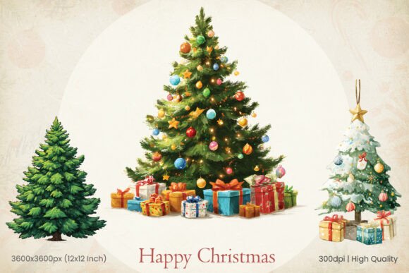 Christmas Watercolor Tree with Gift Box