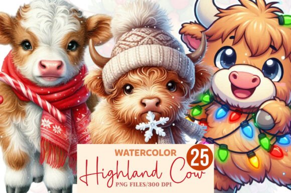 Cute Highland Cow Christmas Clipart Set: Festive Illustrations for Branding