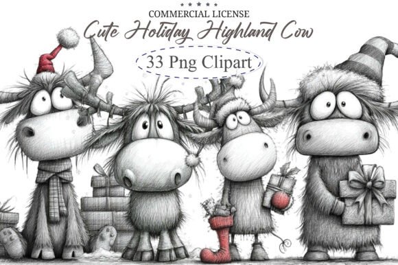 Cute Holiday Highland Cow Christmas Illustrations: A Festive Design Asset for Branding