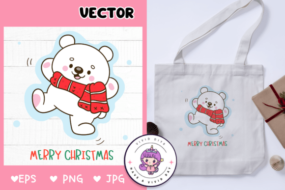 Cute Polar Bear Christmas Play Snow Illustrations