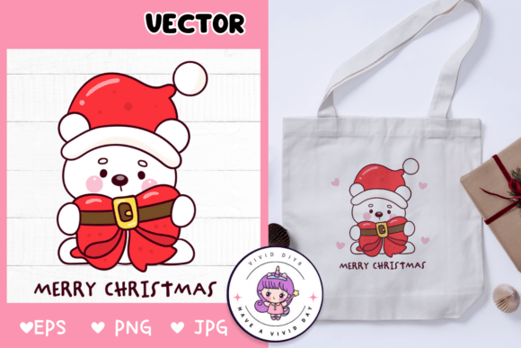Cute Polar Bear Holding Bow Christmas Illustrations for Handmade Creations