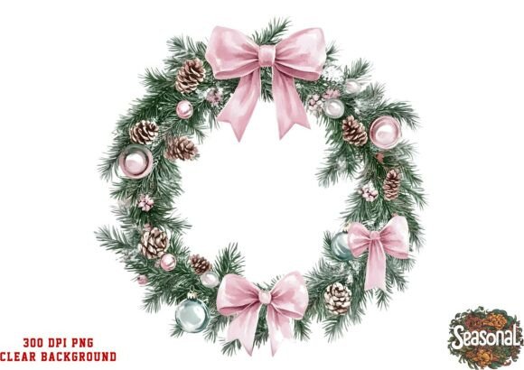 Dusty Pink Ribbon Christmas Wreath PNG for Handmade Creations