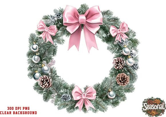 Pink Bow Pine Christmas Wreath PNG: A Festive Graphic Design Asset for Local Business Branding