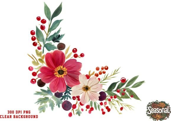 Scarlet Floral Christmas Corner PNG: Editorial Illustrations for Publishing