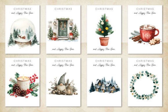 Set of 11 Watercolor Christmas Cards PNG: A Festive Illustration Boost for Handmade Creations