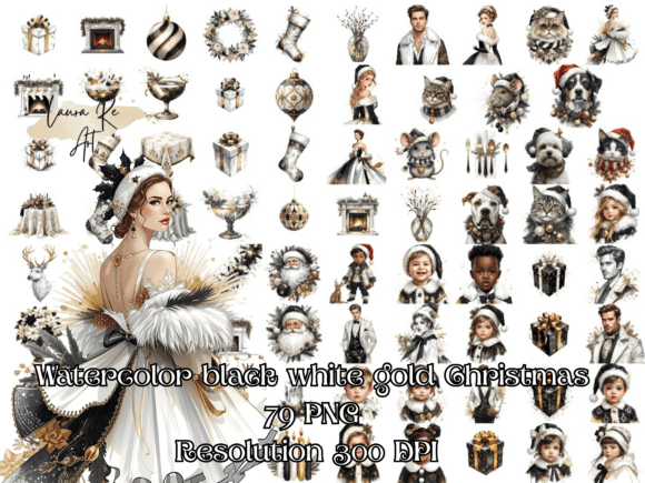 Watercolor Black White Gold Christmas Illustrations for Professional Projects