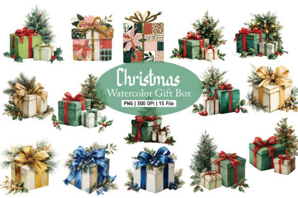 Watercolor Christmas Gift Box PNG