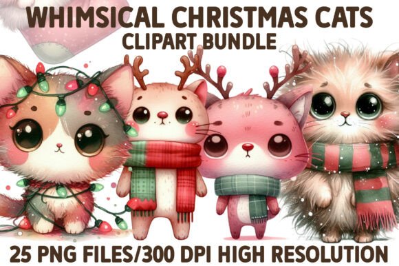 Whimsical Christmas Cats Clipart Bundle for Illustrations