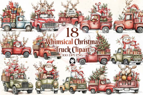 Whimsical Christmas Truck Clipart Bundle: A Festive Graphic Design Asset for Creative Campaigns